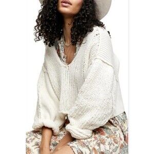 We The Free Sea Bright Cream Chunky Cropped Balloon Sleeve Sweater Small Boho